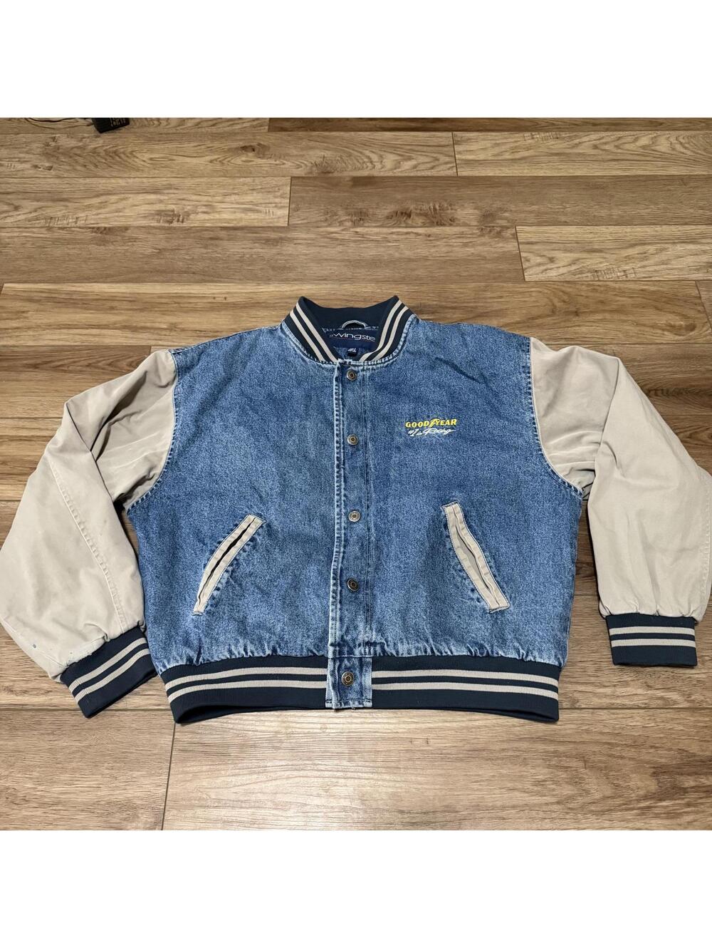Vtg 90s Swingster NASCAR Goodyear Denim Varsity Jacket L